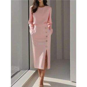 Long Sleeve Button Detail Midi Dress with Side Slit